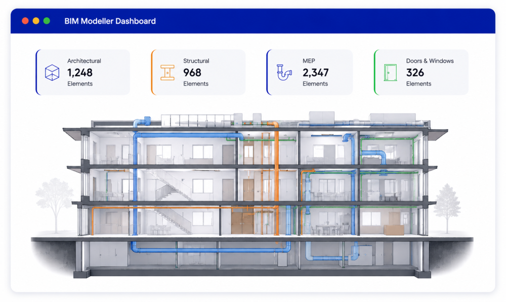 BIM Modeller Dashboard showing architectural, structural, MEP and door elements